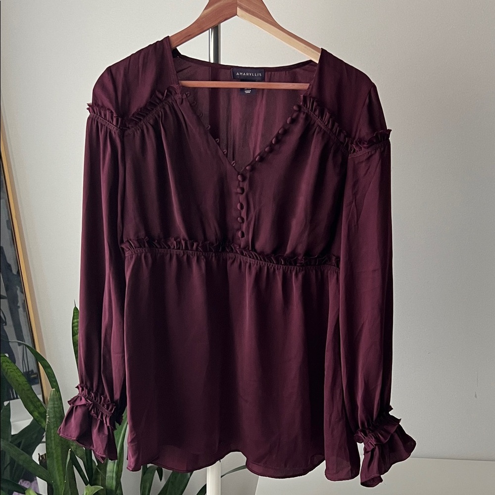 Amaryllis Burgundy Wine Blouse with Ruffle Accents S M